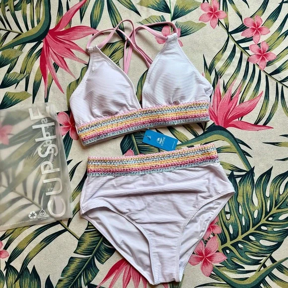 Cupshe Plunging Crossback Bikini Top & High-Rise Cheeky Bottoms Set, White, Sz M - Picture 4 of 8